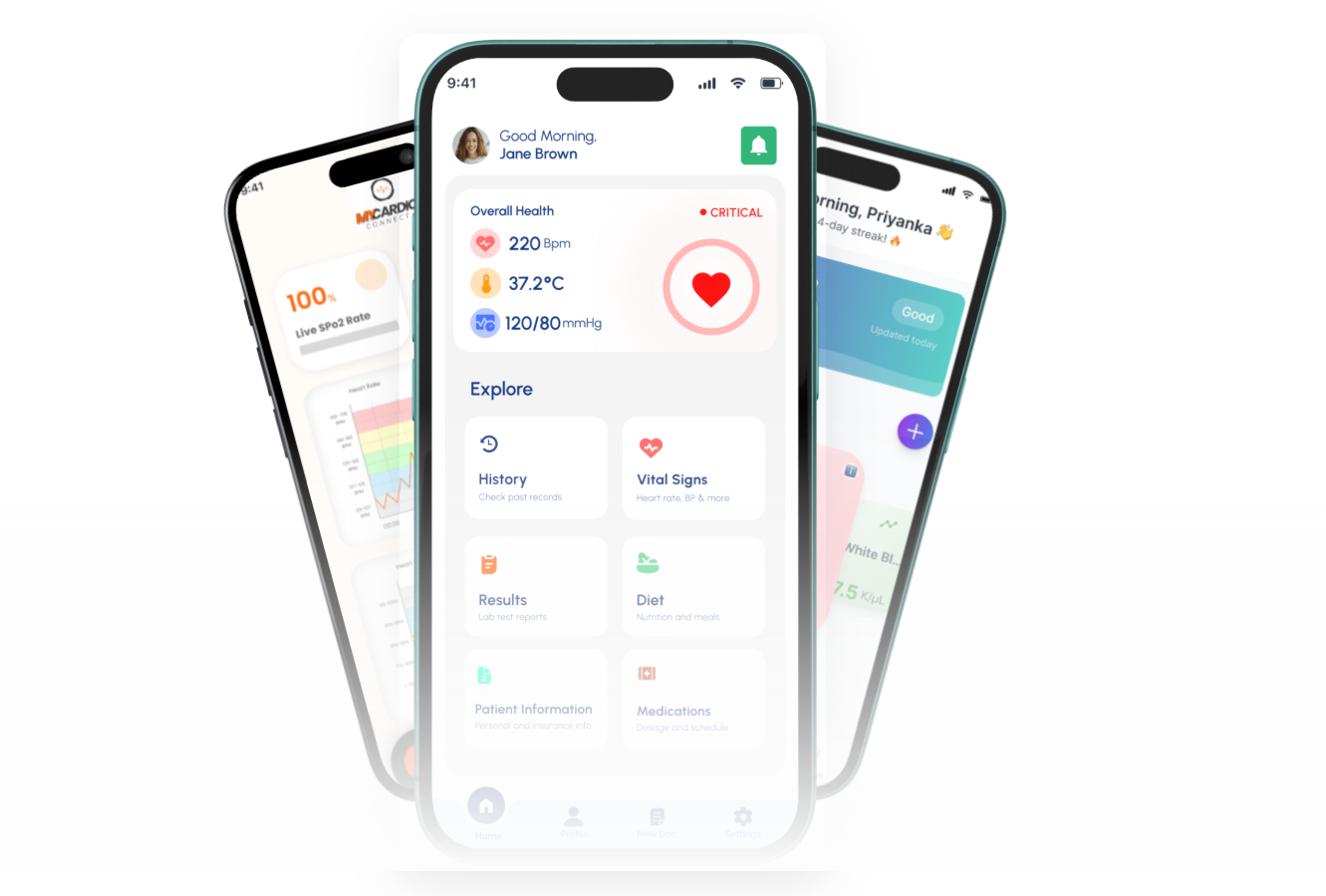 Telemedicine mobile apps with patient health dashboard, live vitals monitoring, and lab results